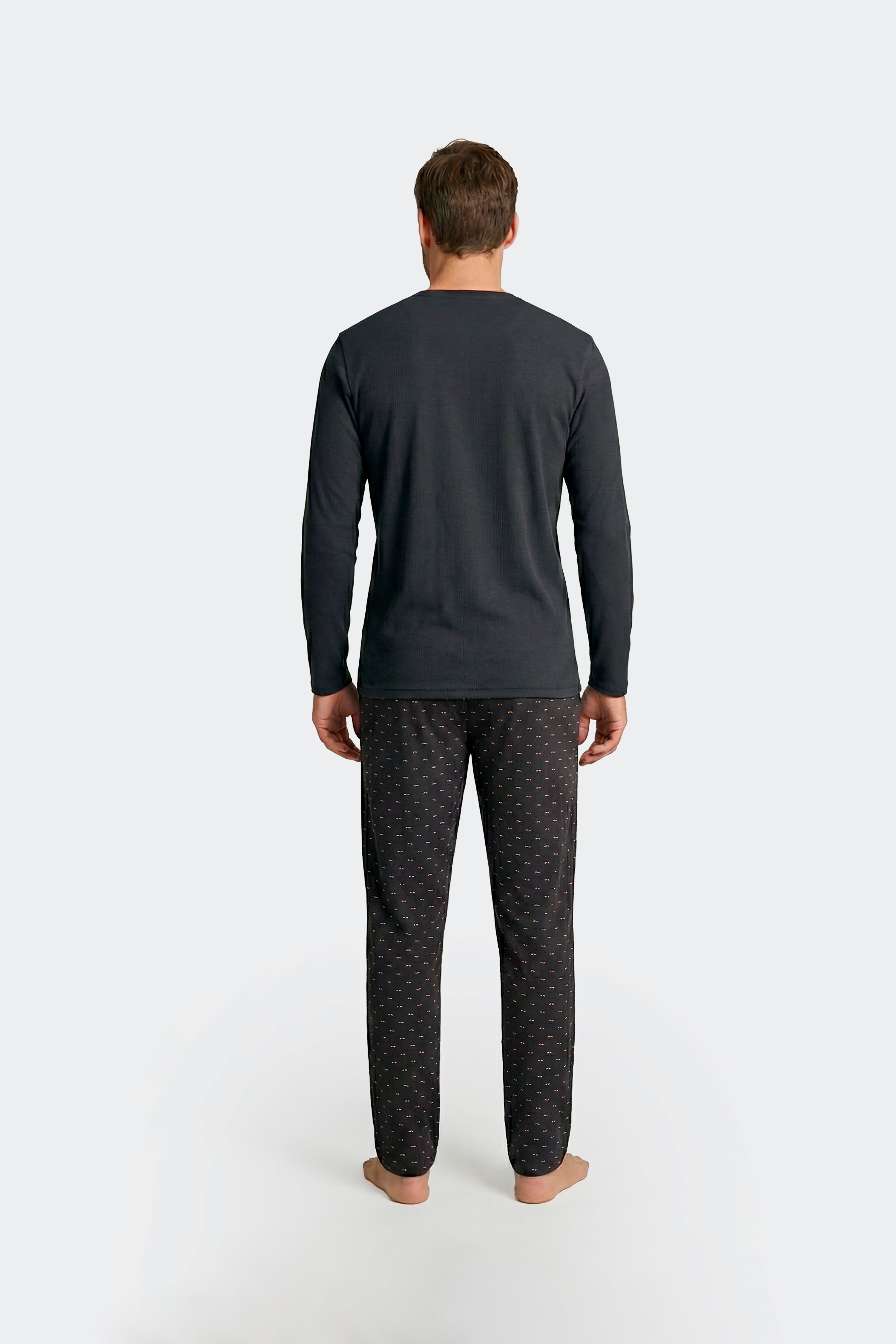 Ensemble pyjama long en coton T-shirt uni marine et pantalon imprimé nœuds papillon