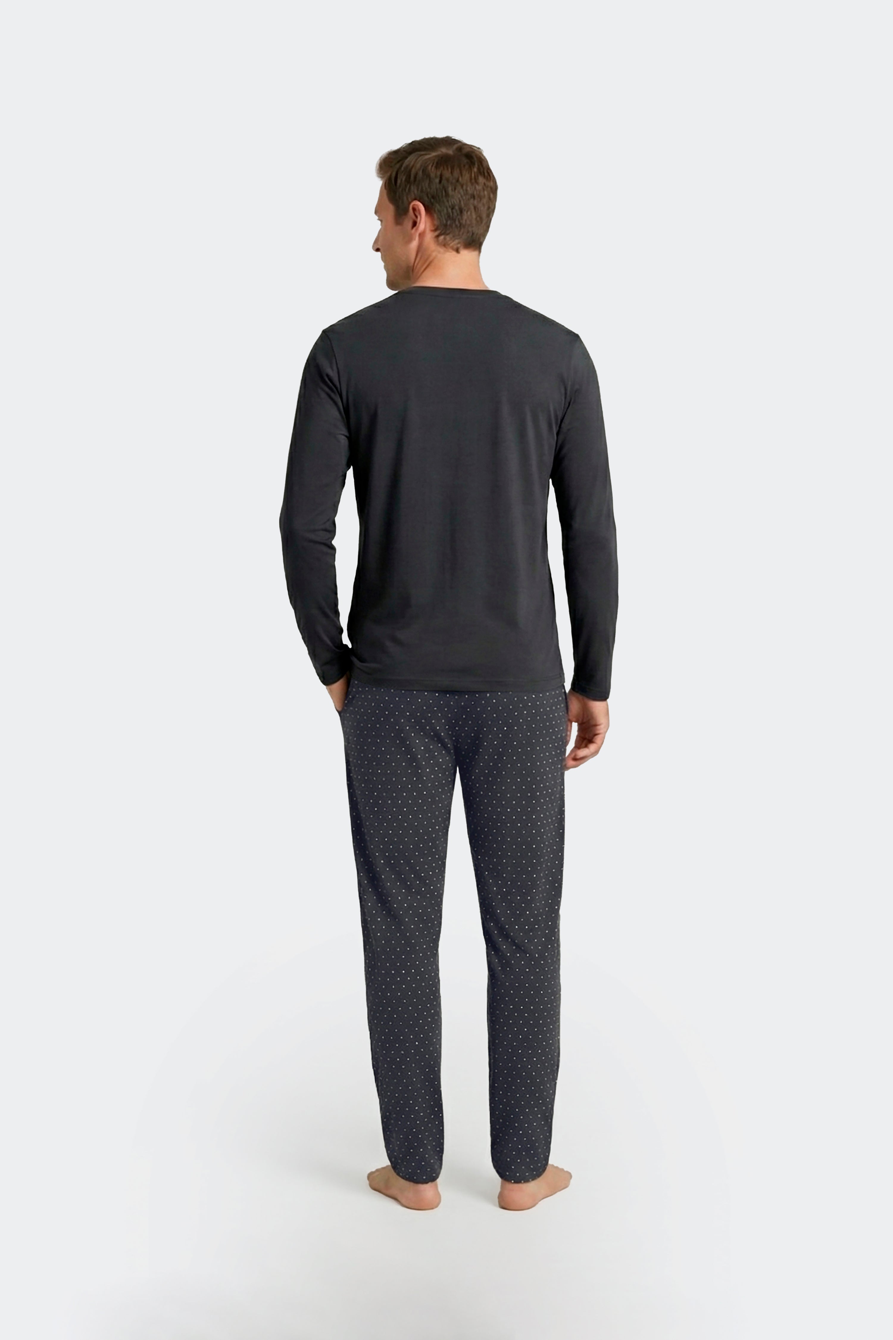 Ensemble pyjama long en coton T-shirt uni marine et pantalon imprimé pois