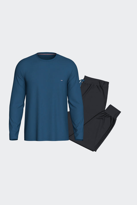 Ensemble pyjama long en coton T-shirt uni et pantalon marine - Image 1