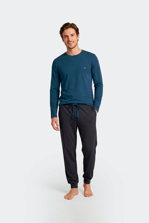 Ensemble pyjama long en coton T-shirt uni et pantalon marine - Image 2