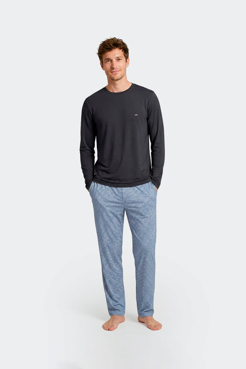 Ensemble pyjama long en coton T-shirt uni et pantalon à micromotifs pois bleu - Image 2