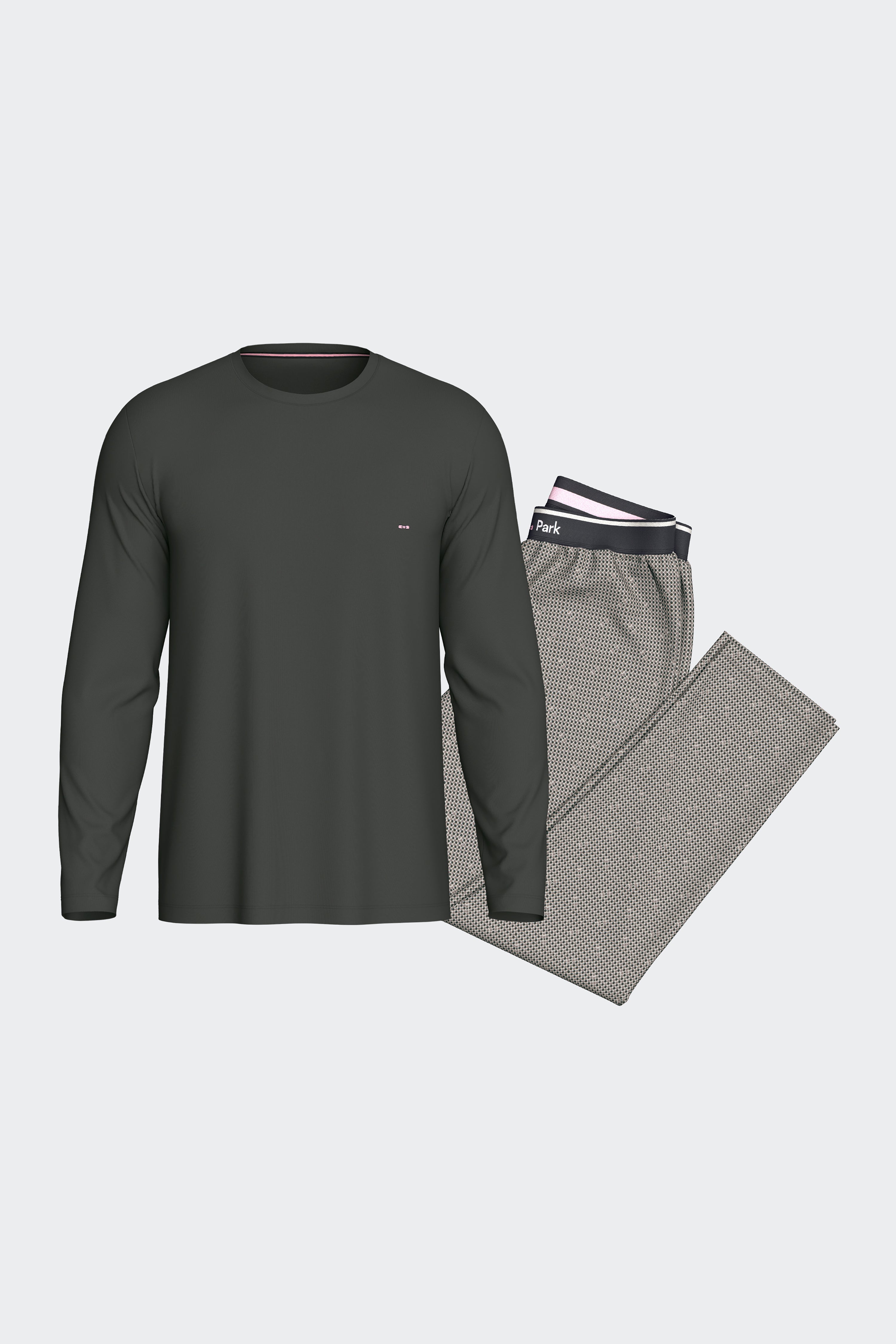 Ensemble pyjama long en coton T-shirt uni et pantalon à micromotifs pois kaki