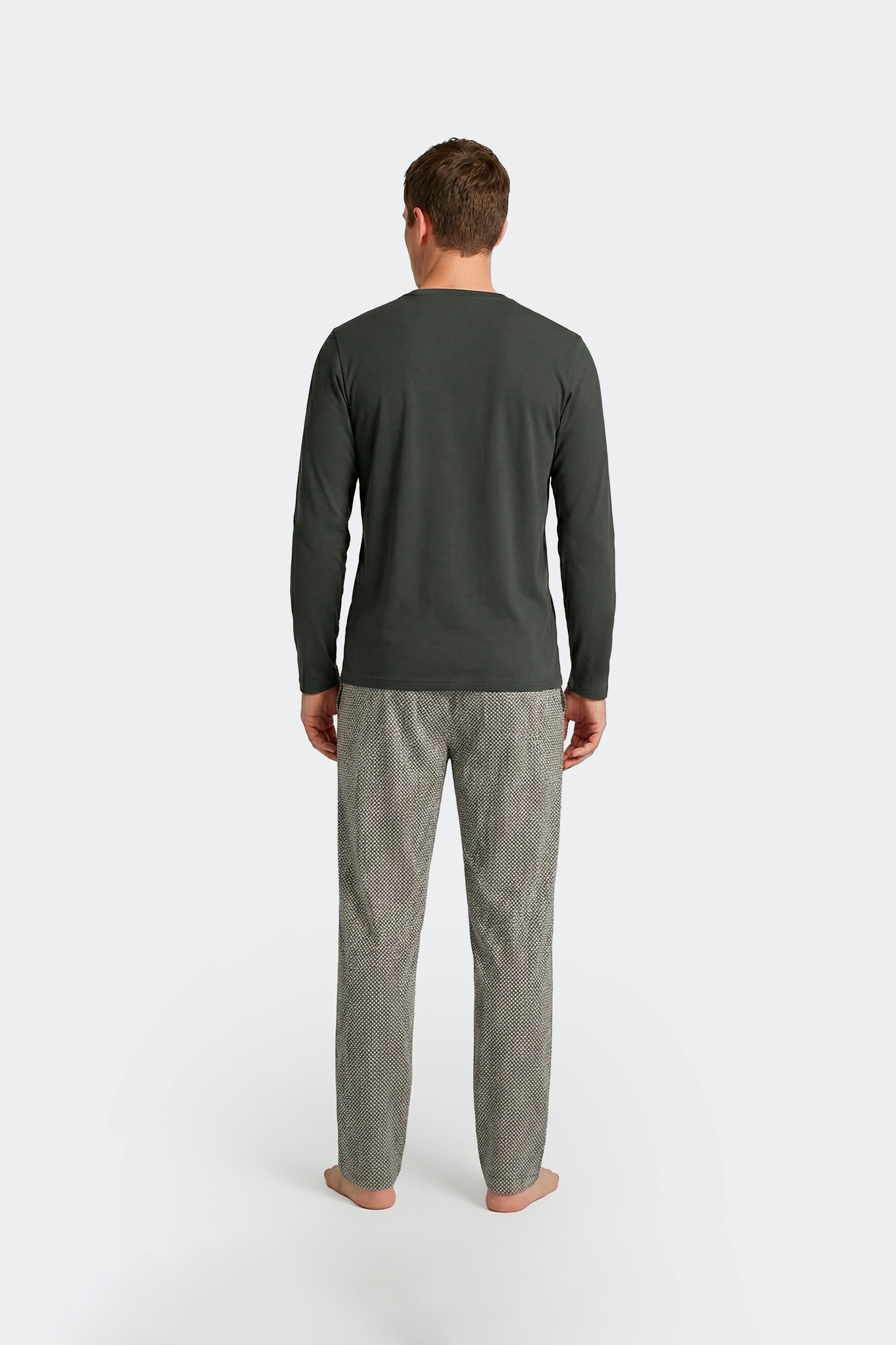Ensemble pyjama long en coton T-shirt uni et pantalon à micromotifs pois kaki