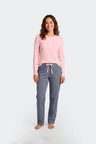 Long pajamas set in pink and navy cotton with fancy print