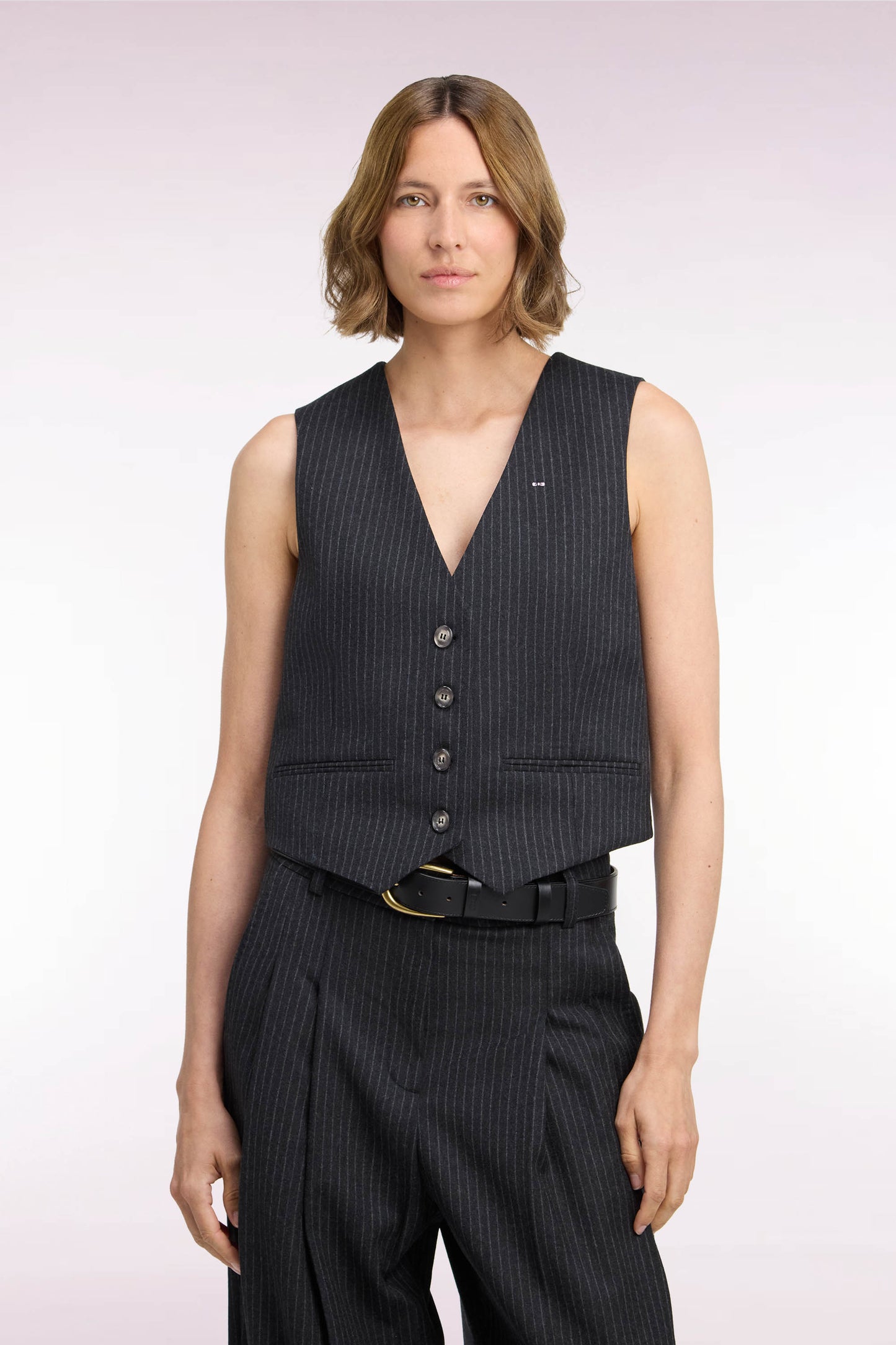 Gilet de costume en laine stretch noir rayé