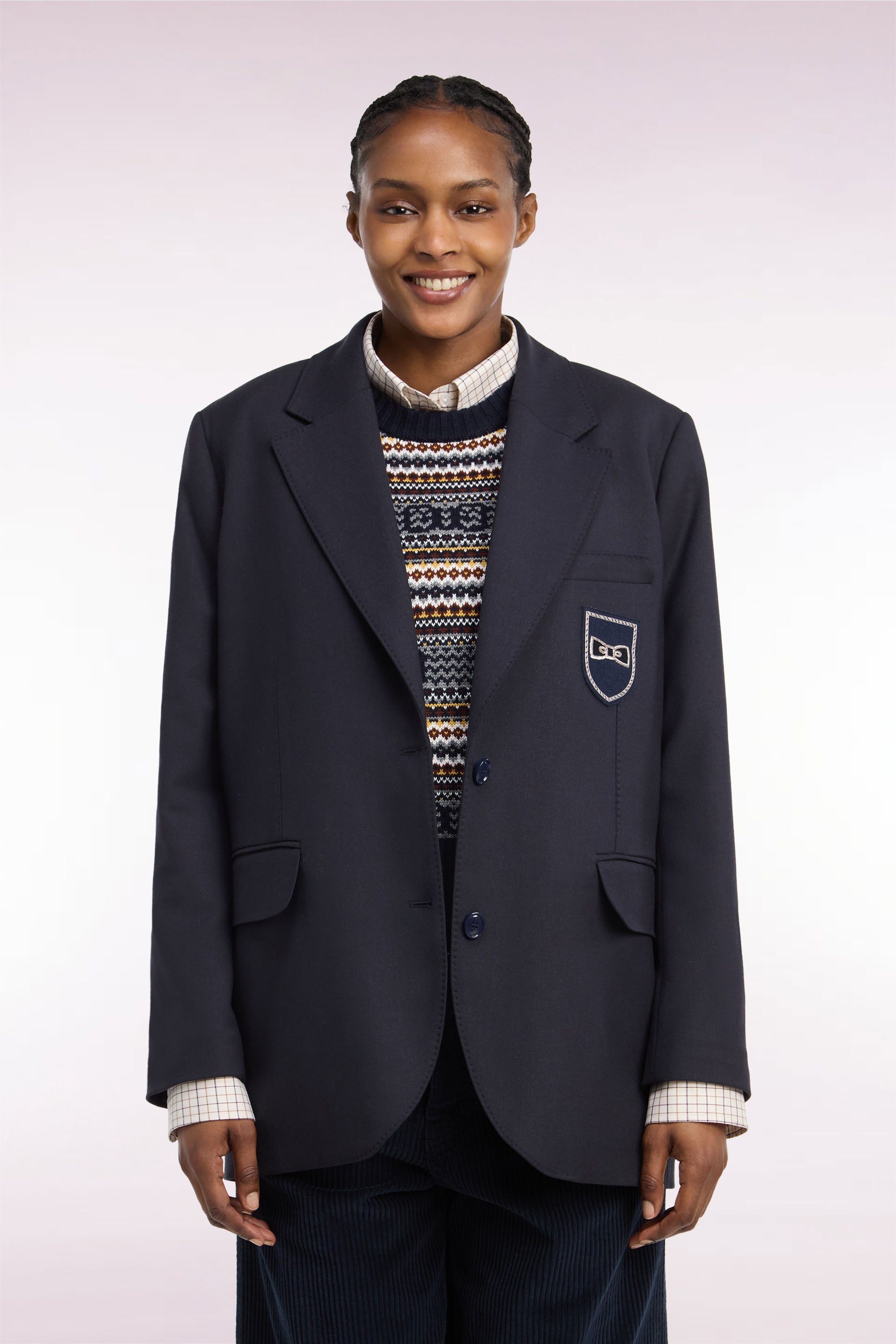 Veste blazer marine coupe oversized badge écusson