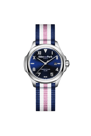 Quartz watch with blue background and tricolor NATO strap