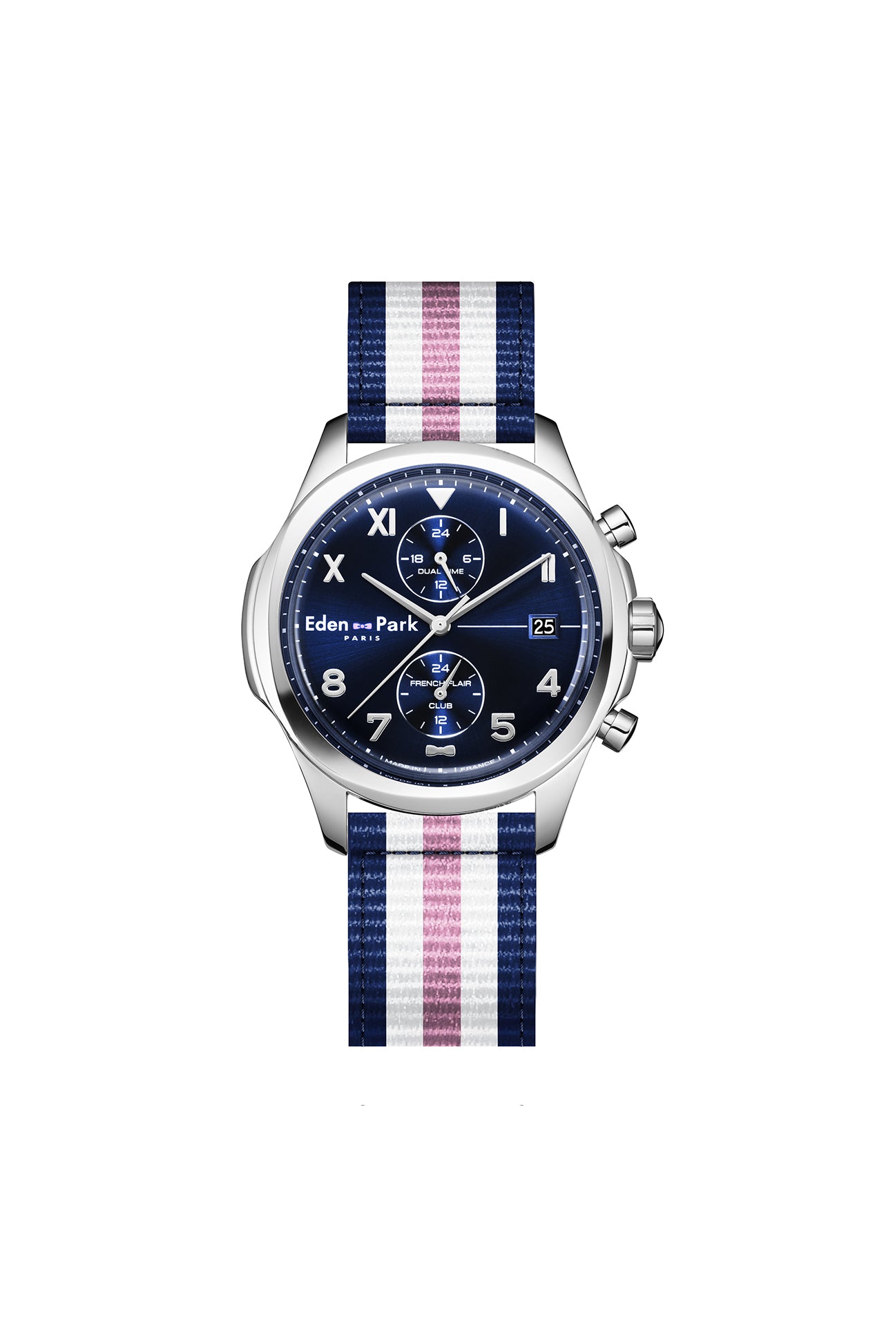 Montre à quartz dual time fond bleu bracelet NATO tricolore