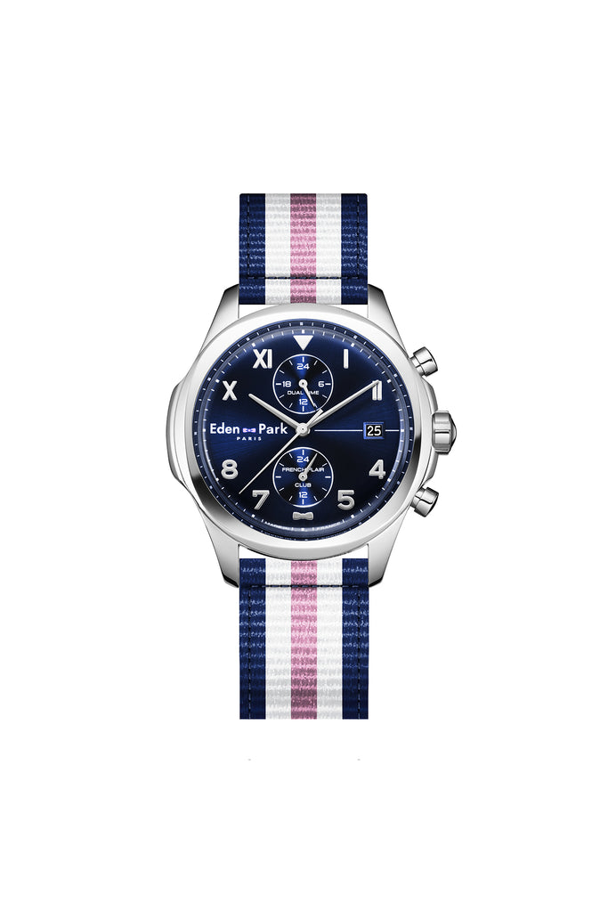 Montre à quartz dual time fond bleu bracelet NATO tricolore