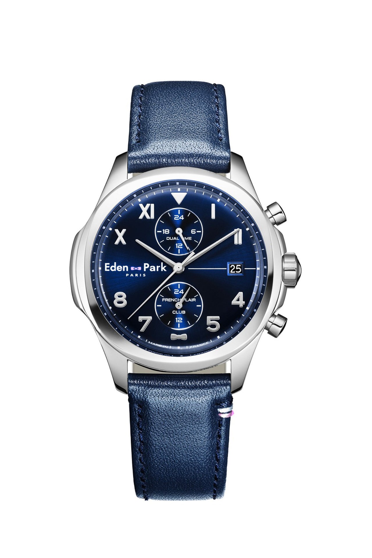 Montre à quartz dual time en cuir bleu foncé