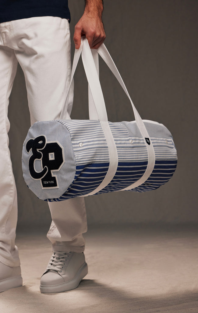 Sac polochon upcyclé en patchwork de coton rayé Pap'Atelier