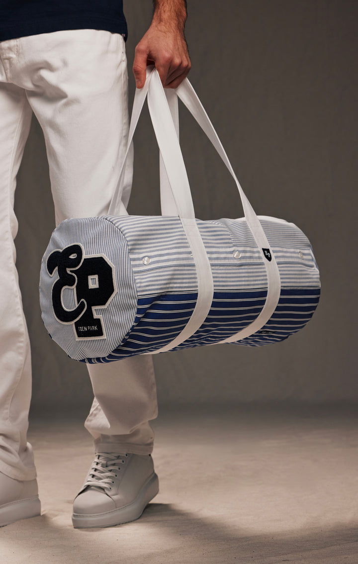 Sac polochon upcyclé en patchwork de coton rayé Pap'Atelier