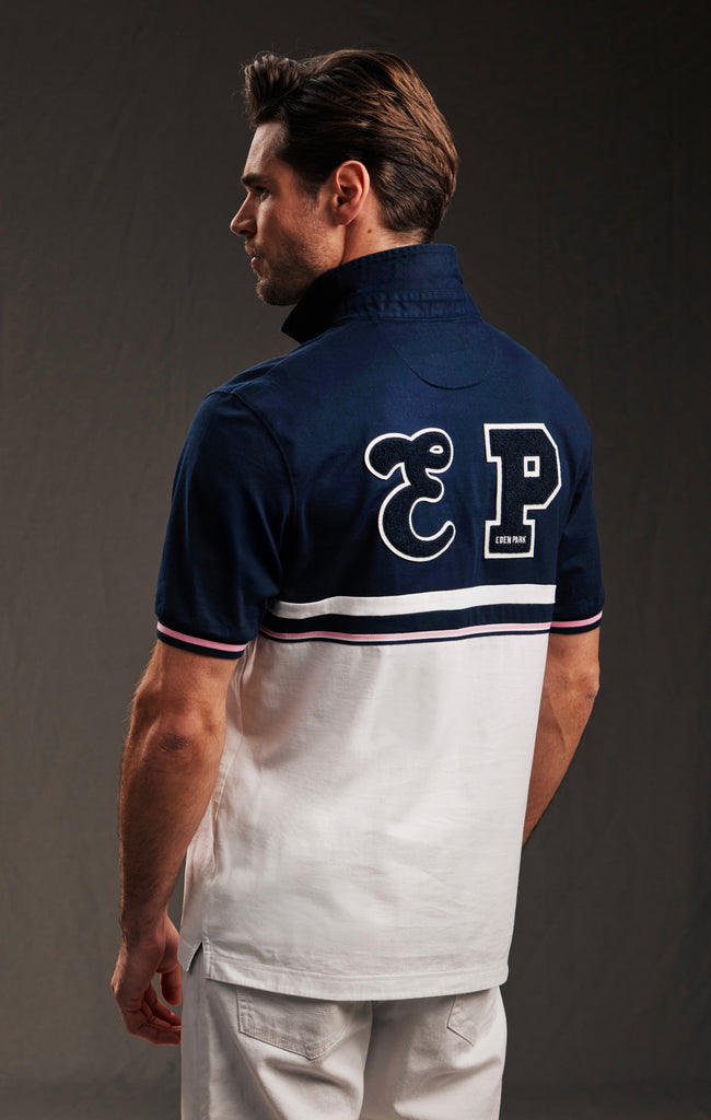 Maillot bicolore blanc et marine à galons rayés et écussons dos en jersey de coton upcyclé Pap'Atelier