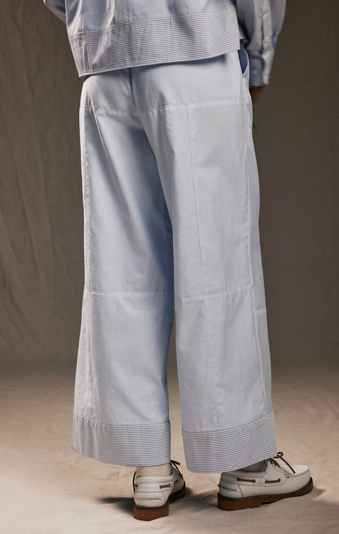 Pantalon à jambes larges upcyclé en coton rayé ciel et blanc Pap'Atelier - Image 2