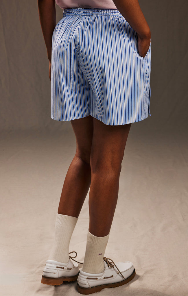 Short upcyclé en coton rayé ciel et blanc Pap'Atelier