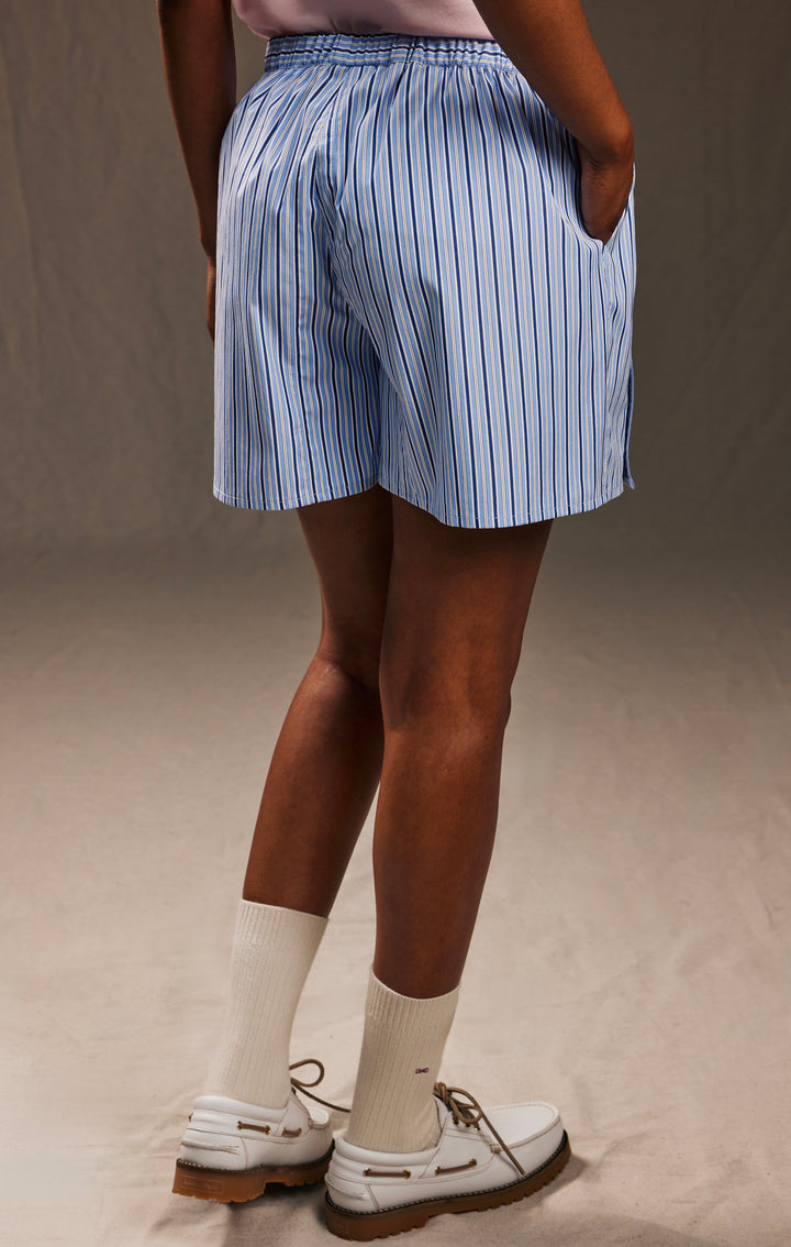 Short upcyclé en coton rayé ciel et blanc Pap'Atelier