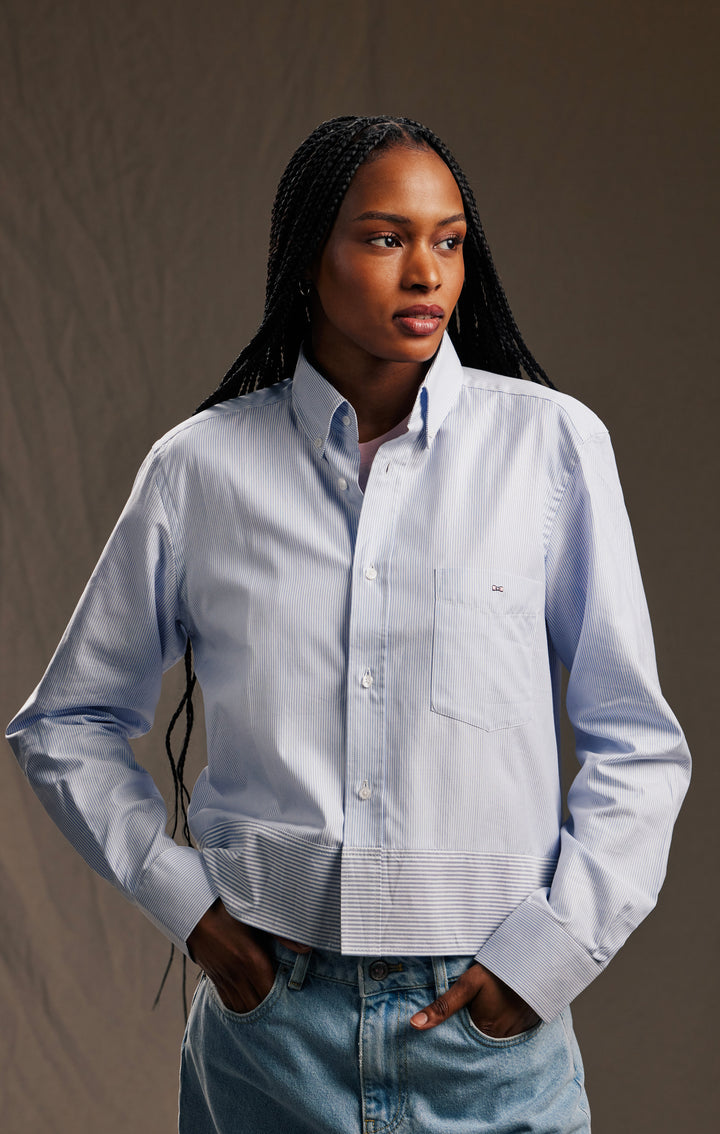 Chemise upcyclée en coton rayé ciel et blanc Pap'Atelier