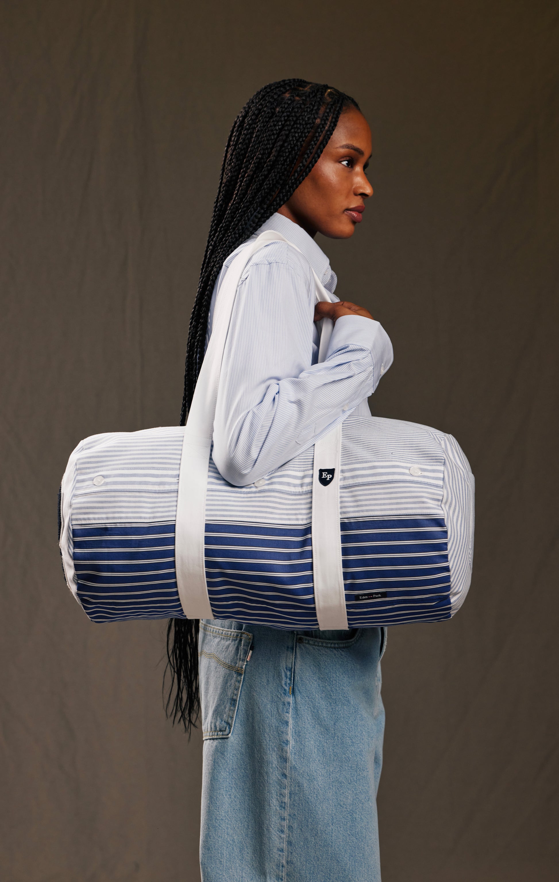 Sac polochon upcyclé en patchwork de coton rayé Pap'Atelier