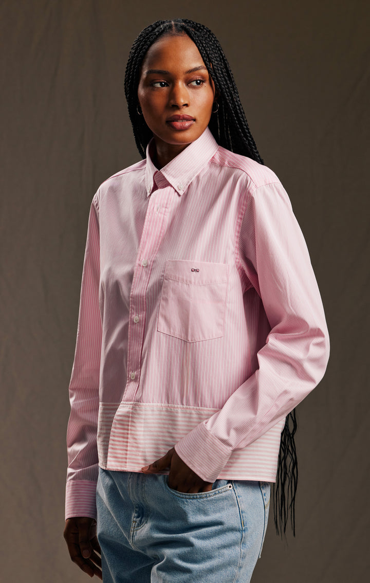 Chemise upcyclée en coton rayée rose et blanc Pap'Atelier