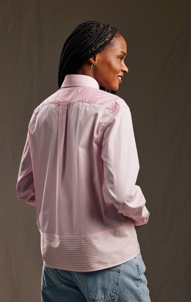 Chemise upcyclée en coton rayée rose et blanc Pap'Atelier