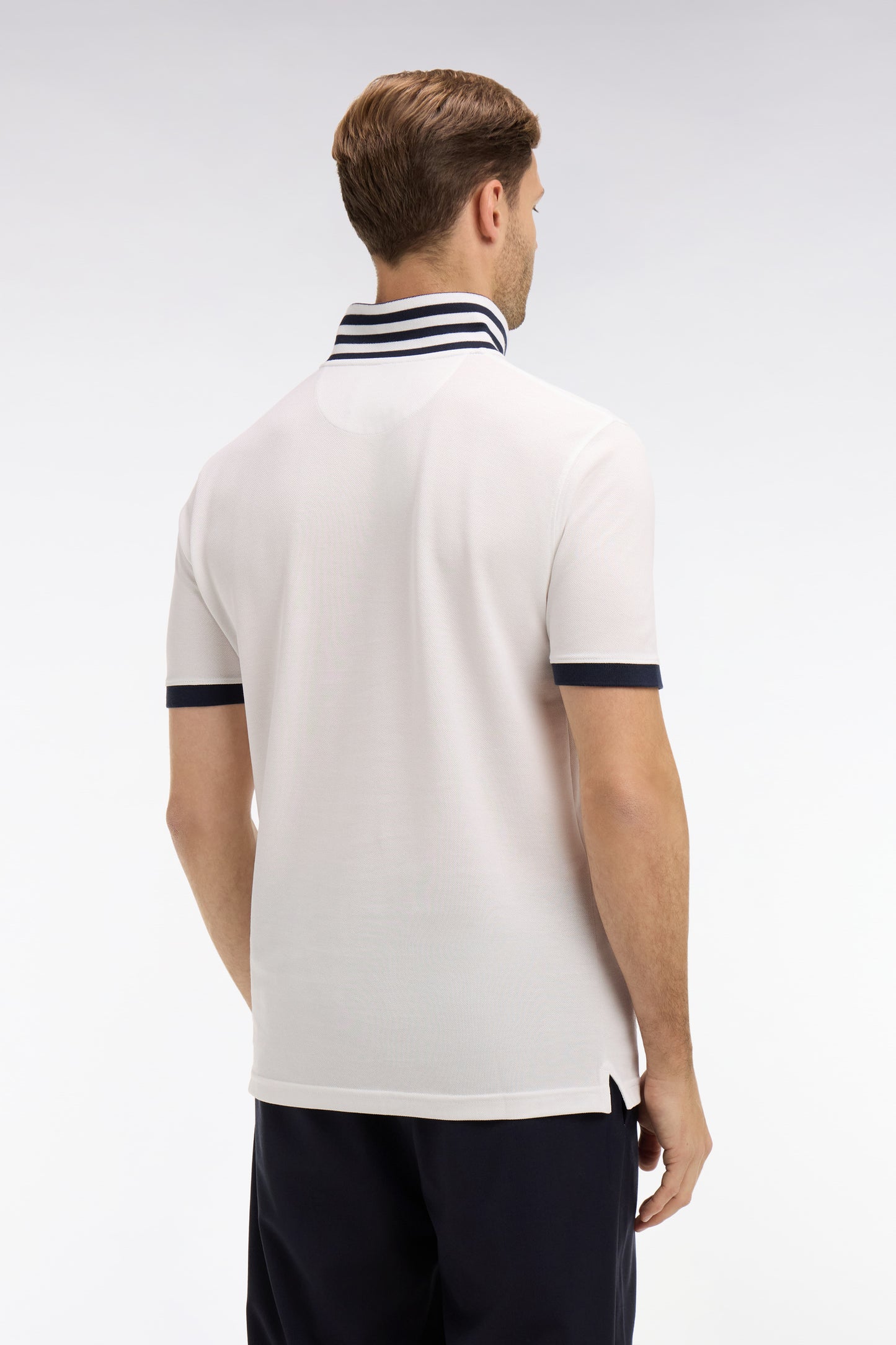 White pima cotton polo with contrasting accents
