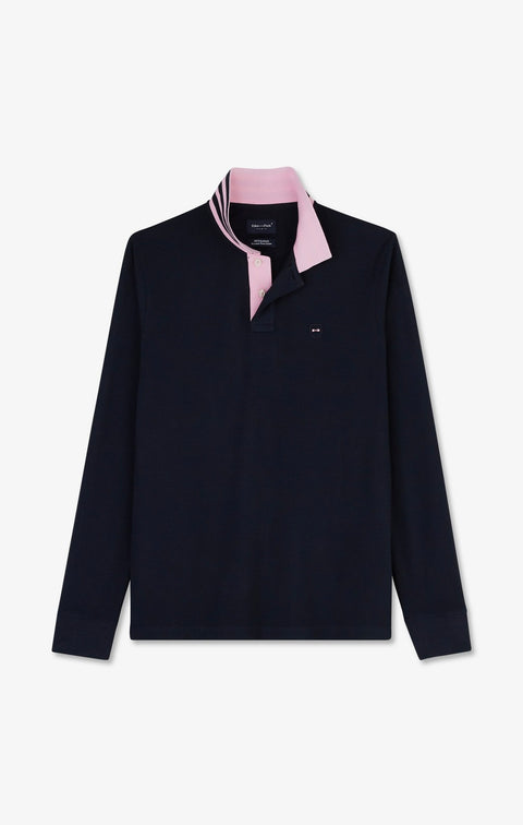 Polo manches longues bleu marine en coton avec col contrasté - Image 2