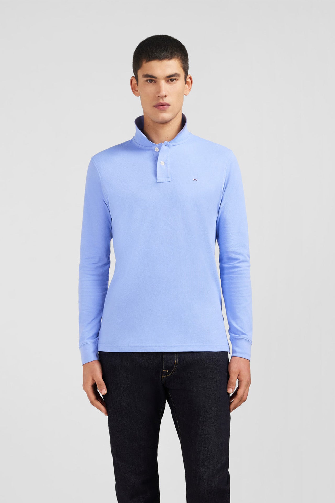 Polo manches longues bleu uni en piqué de coton stretch