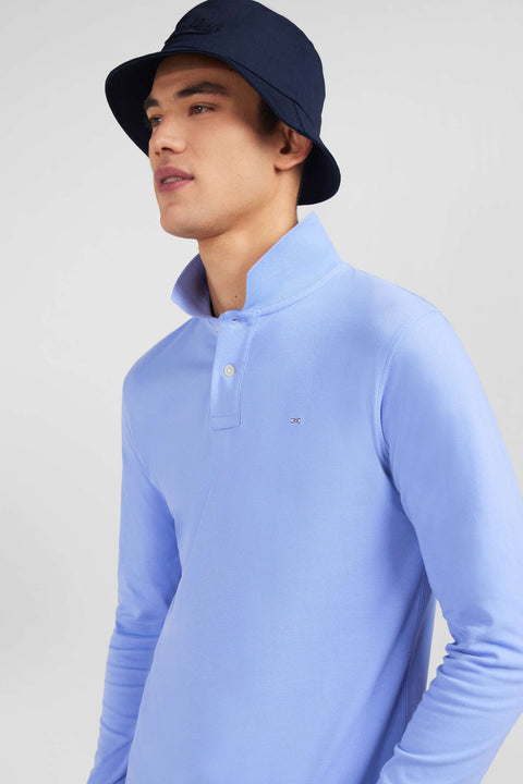Polo manches longues bleu uni en piqué de coton stretch - Image 3