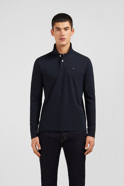 Polo manches longues noir uni en piqué de coton stretch - Image 1
