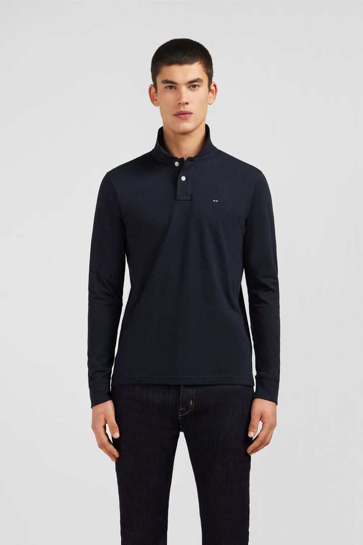 Polo manches longues noir uni en piqué de coton stretch