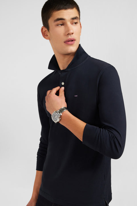 Polo manches longues noir uni en piqué de coton stretch - Image 3