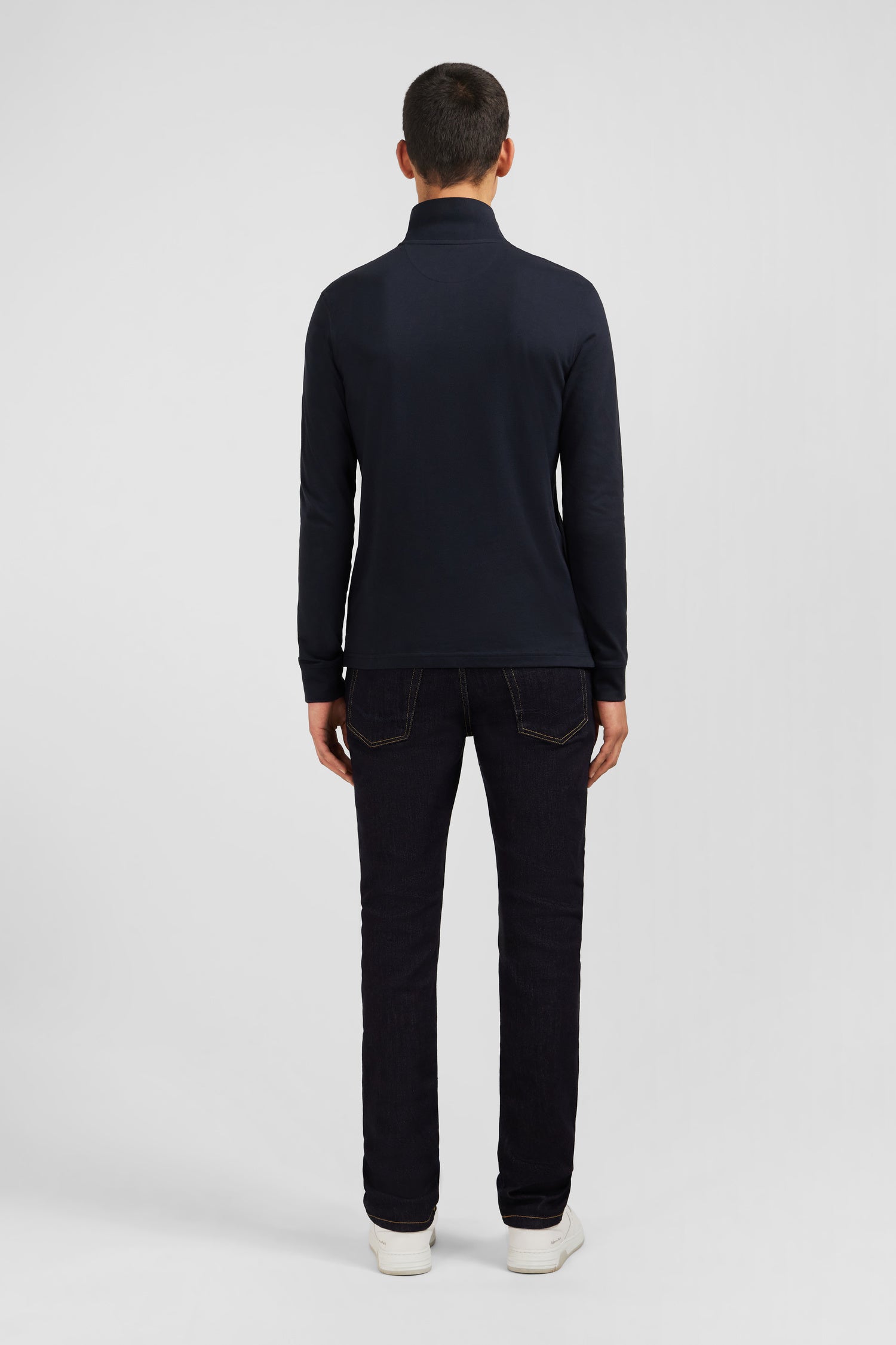 Polo manches longues noir uni en pique de coton stretch Eden Park