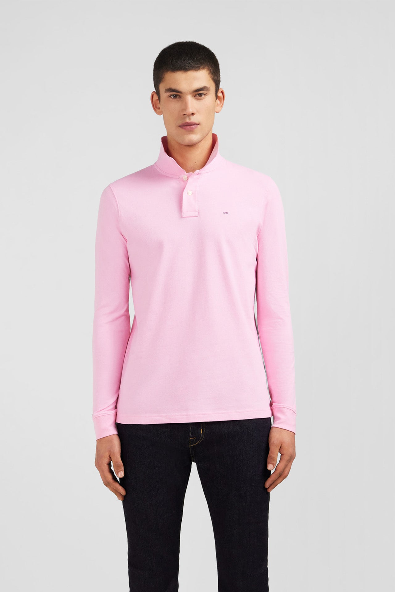Polo manches longues rose uni en piqué de coton stretch