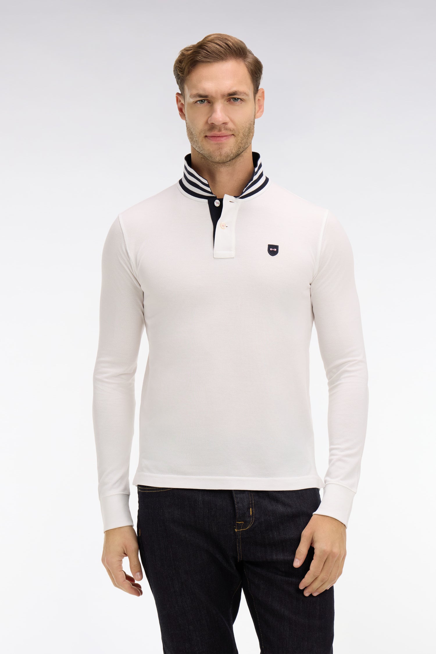 Poloshirt lange Ärmel weiß aus Baumwolle mit col kontrastierend