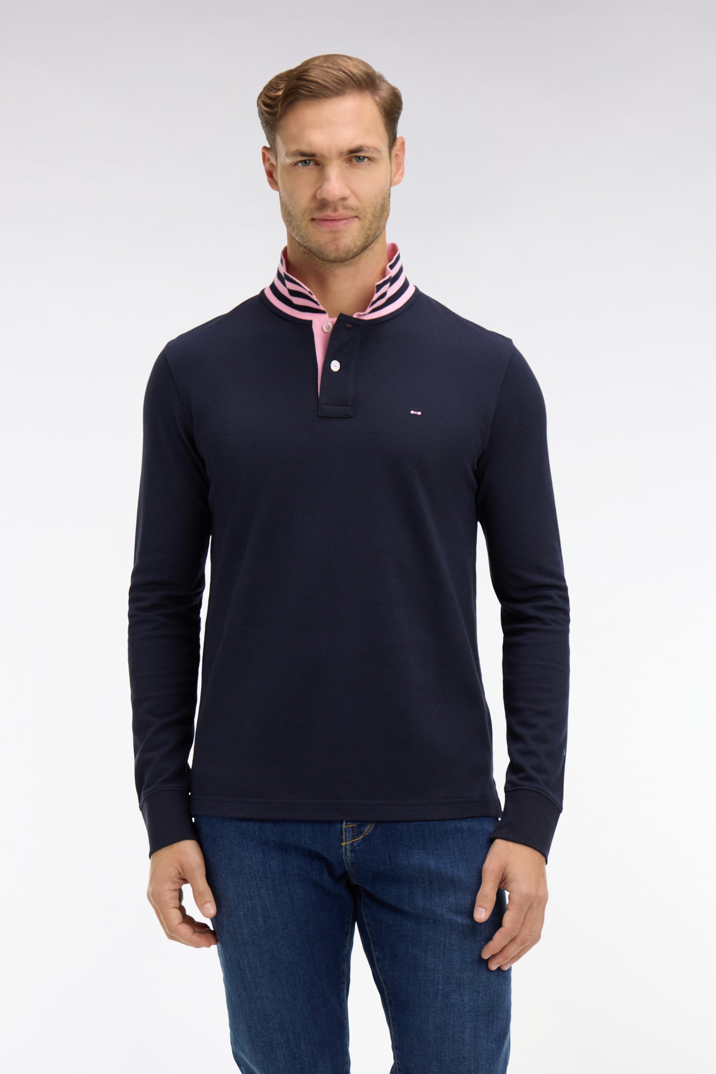 Polo manches longues bleu marine en coton avec col contrasté