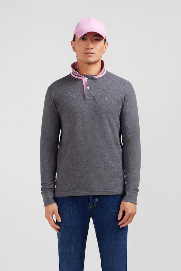 Polo manches longues gris en coton avec col contrasté