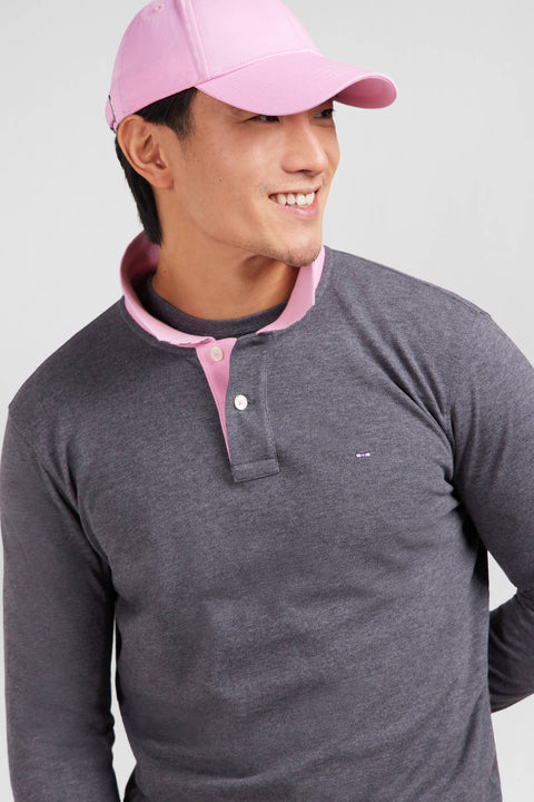 Polo manches longues gris en coton avec col contrasté - Image 3