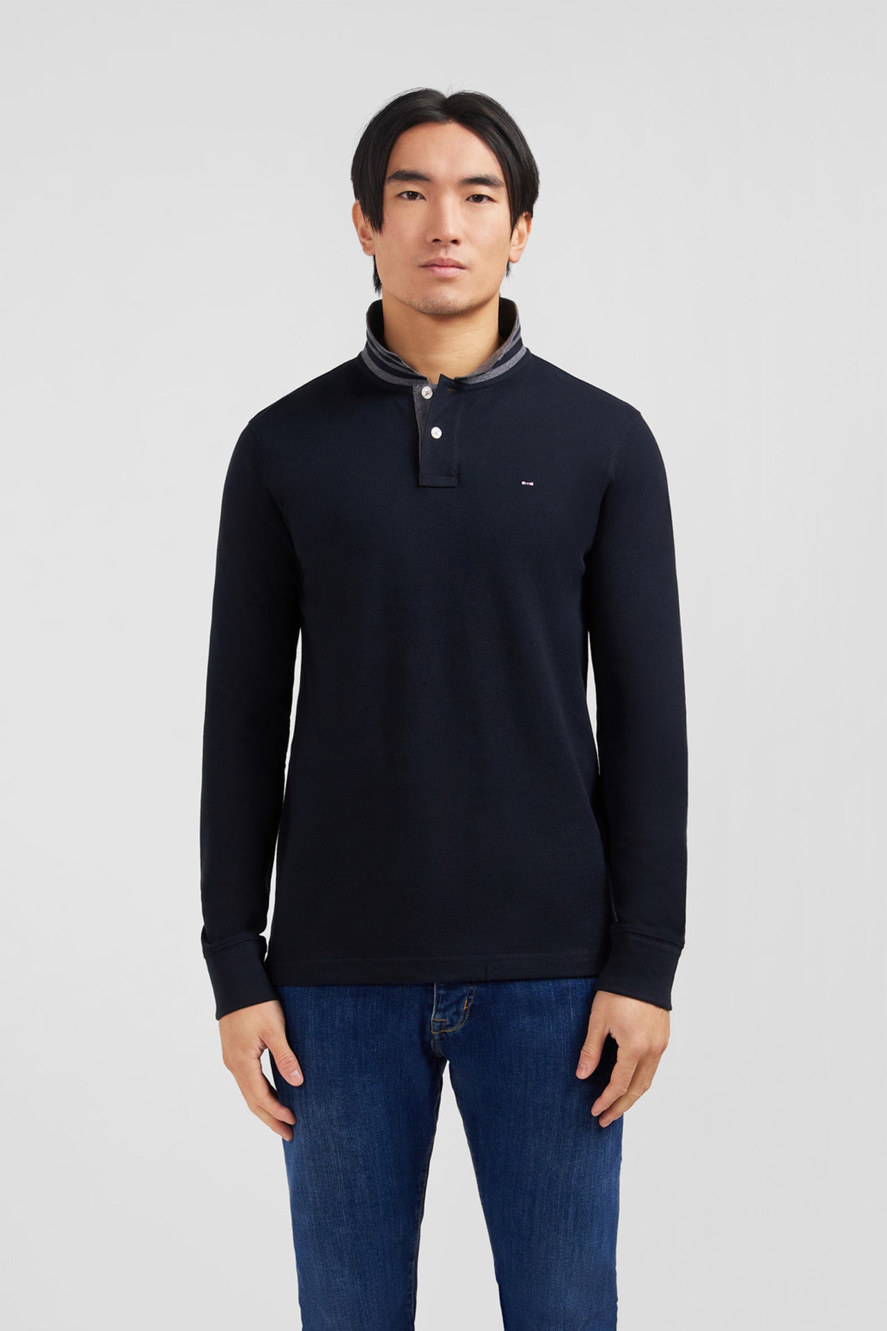 Polo manches longues noir en coton avec col contrasté