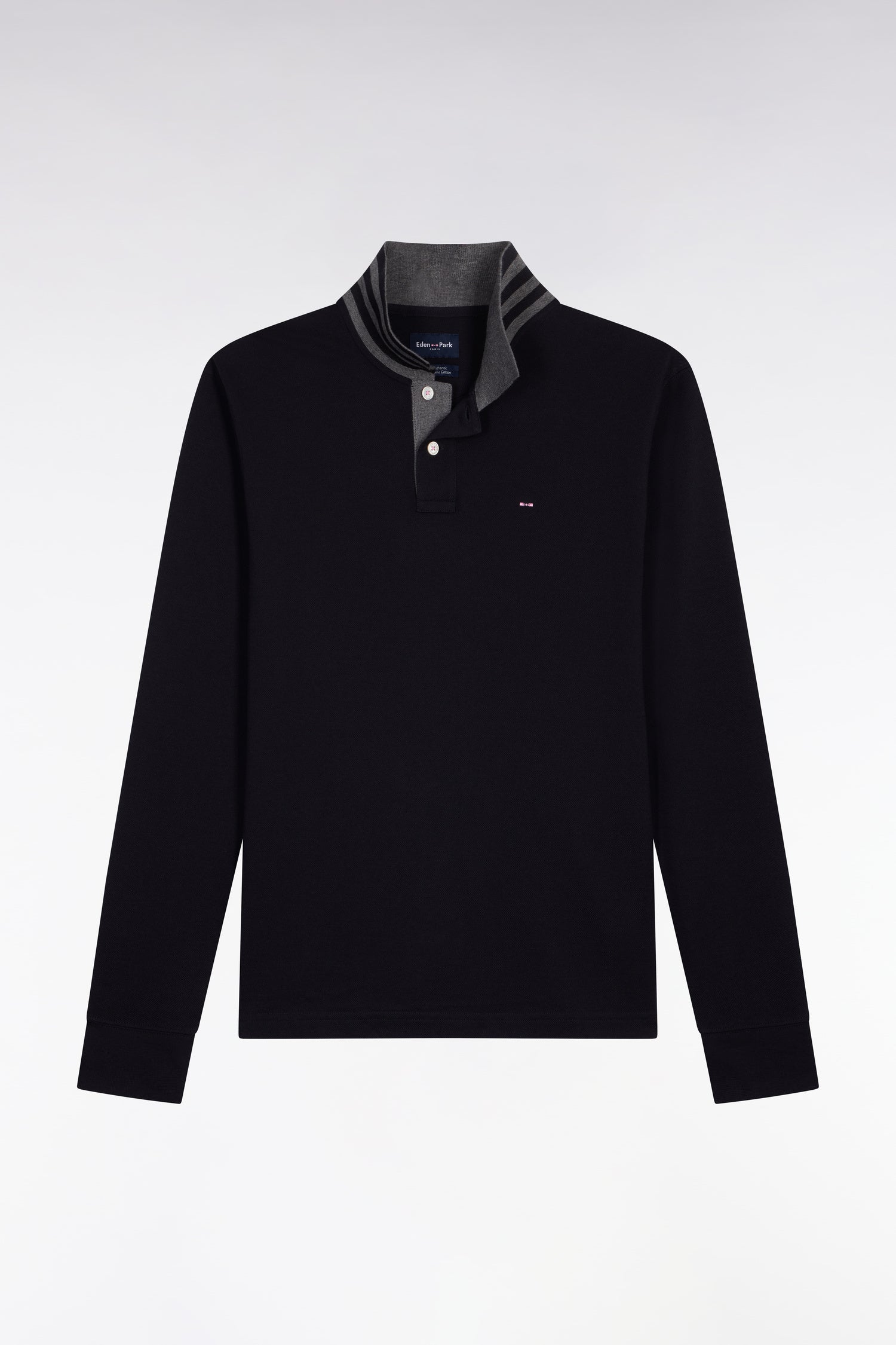 Polo manches longues noir en coton avec col contrasté