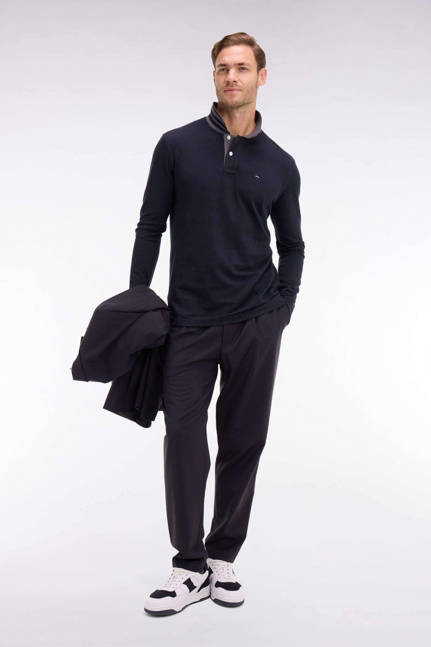 Polo manches longues noir en coton avec col contrasté