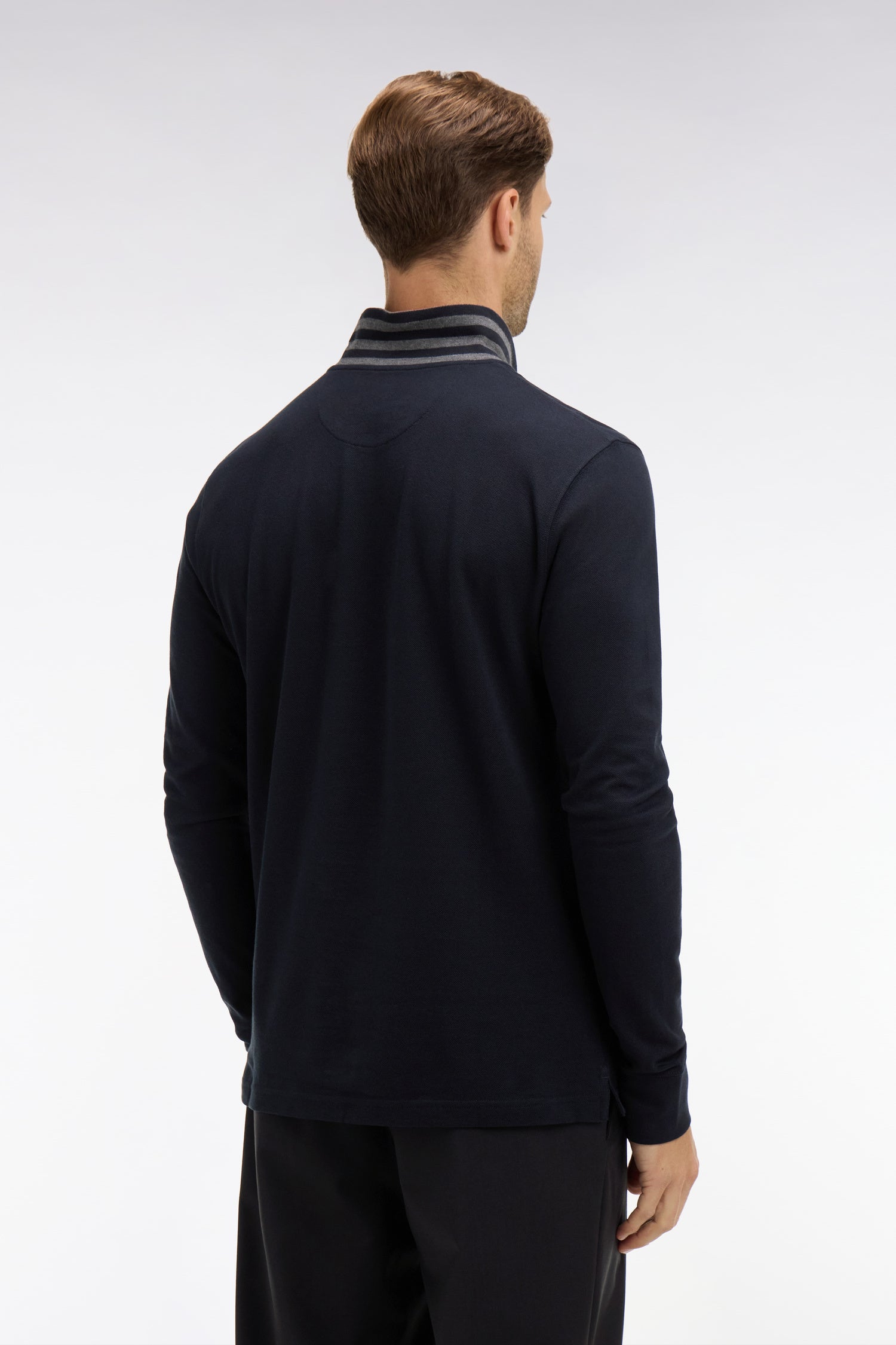 Polo manches longues noir en coton avec col contrasté