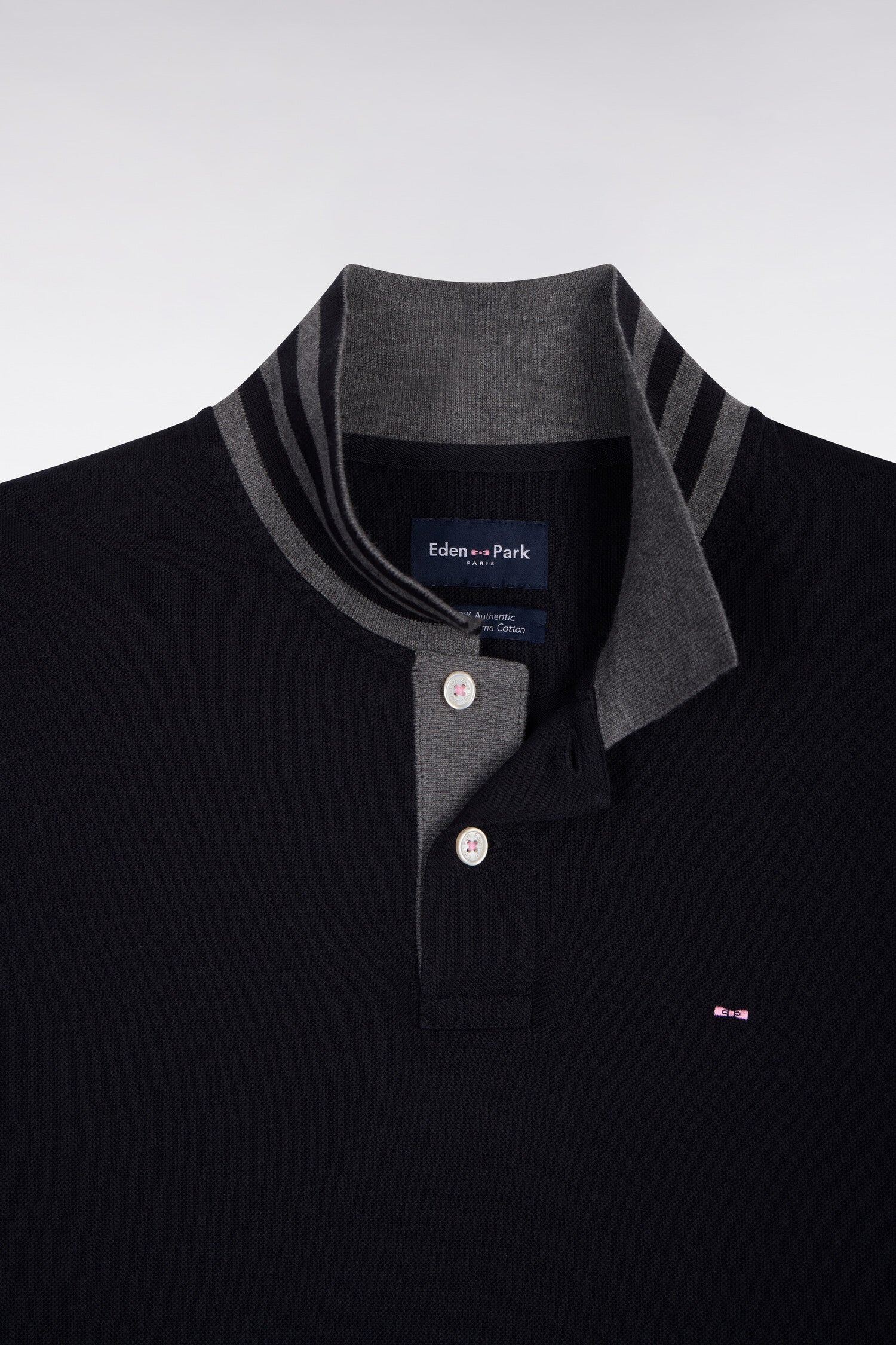 Polo manches longues noir en coton avec col contrasté