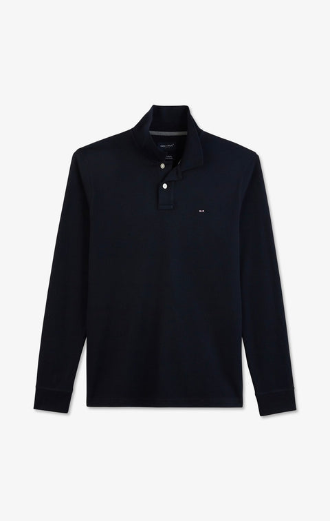 Polo manches longues bleu marine uni en piqué de coton stretch - Image 2