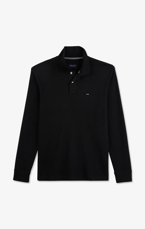 Polo manches longues noir uni en piqué de coton stretch - Image 2