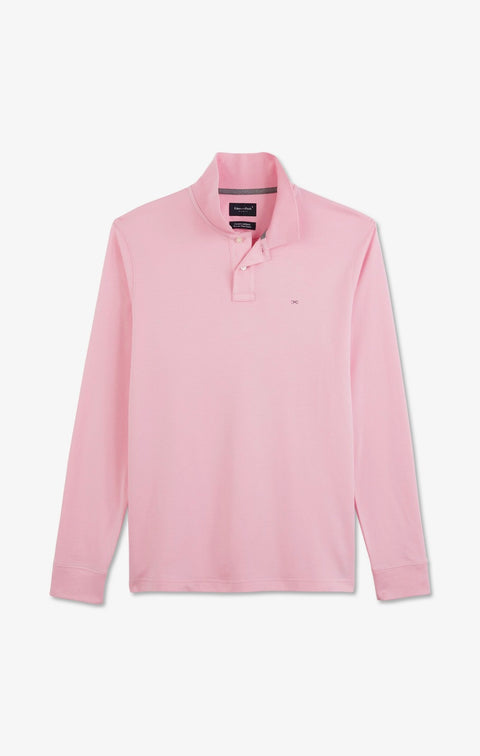 Polo manches longues rose uni en piqué de coton stretch - Image 2