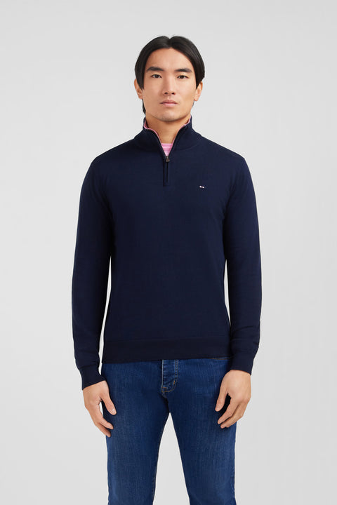 Pull bleu marine à col camionneur en coton - Image 1