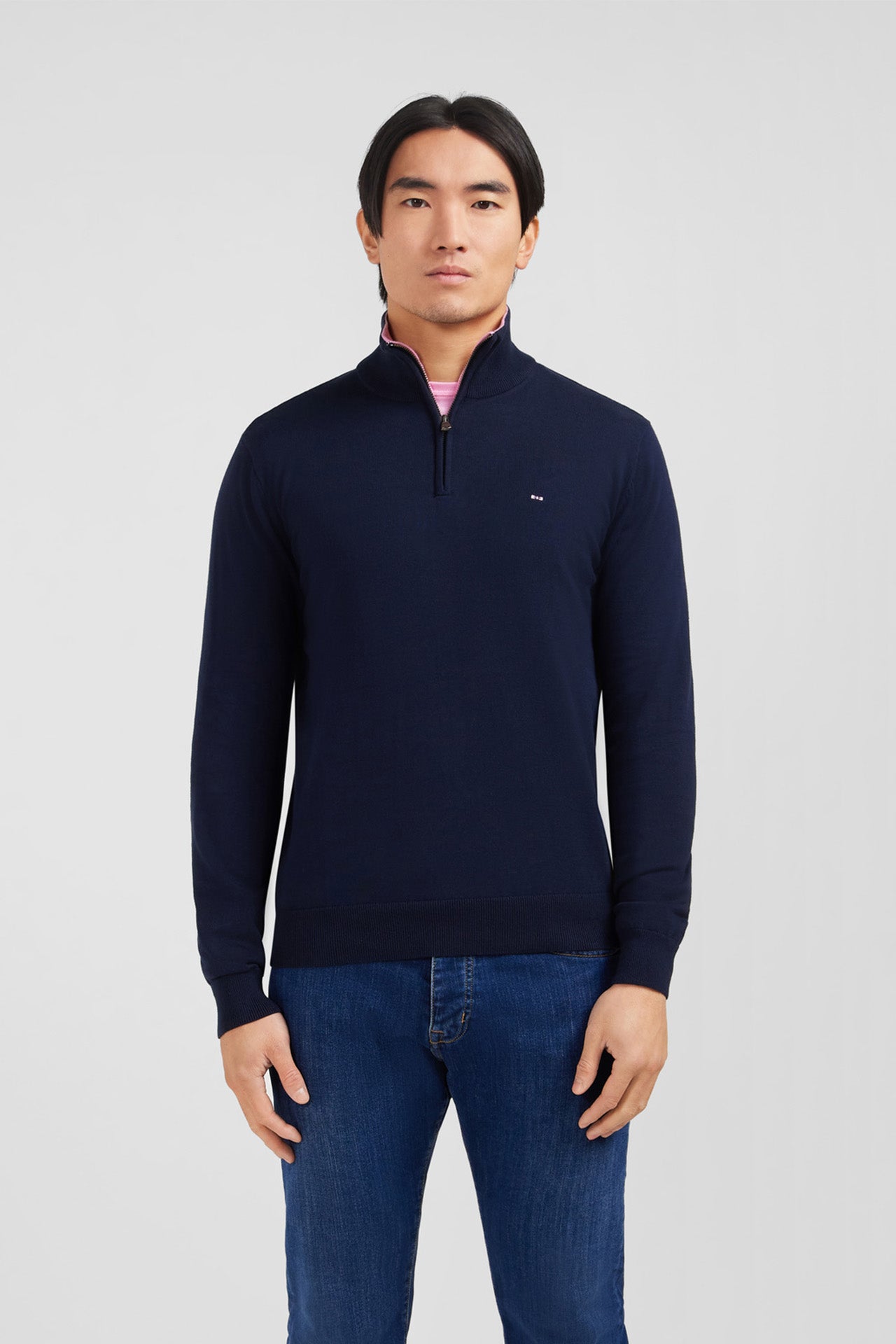 Pull bleu marine à col camionneur en coton