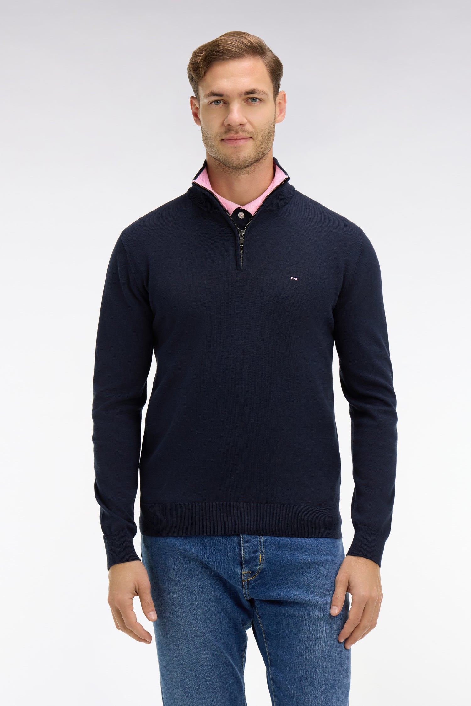 Pull bleu marine à col camionneur en coton