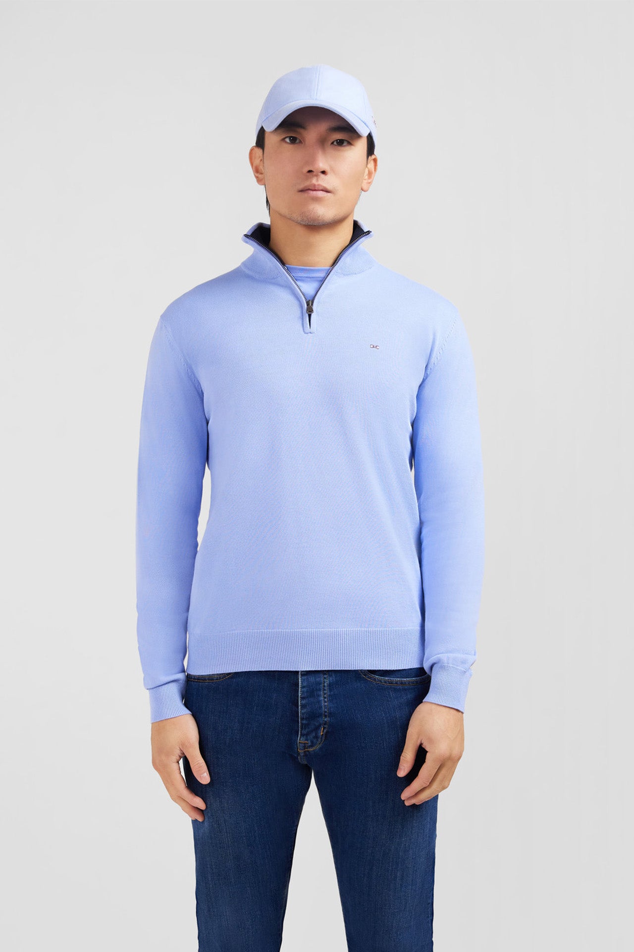 Pull bleu à col camionneur en coton