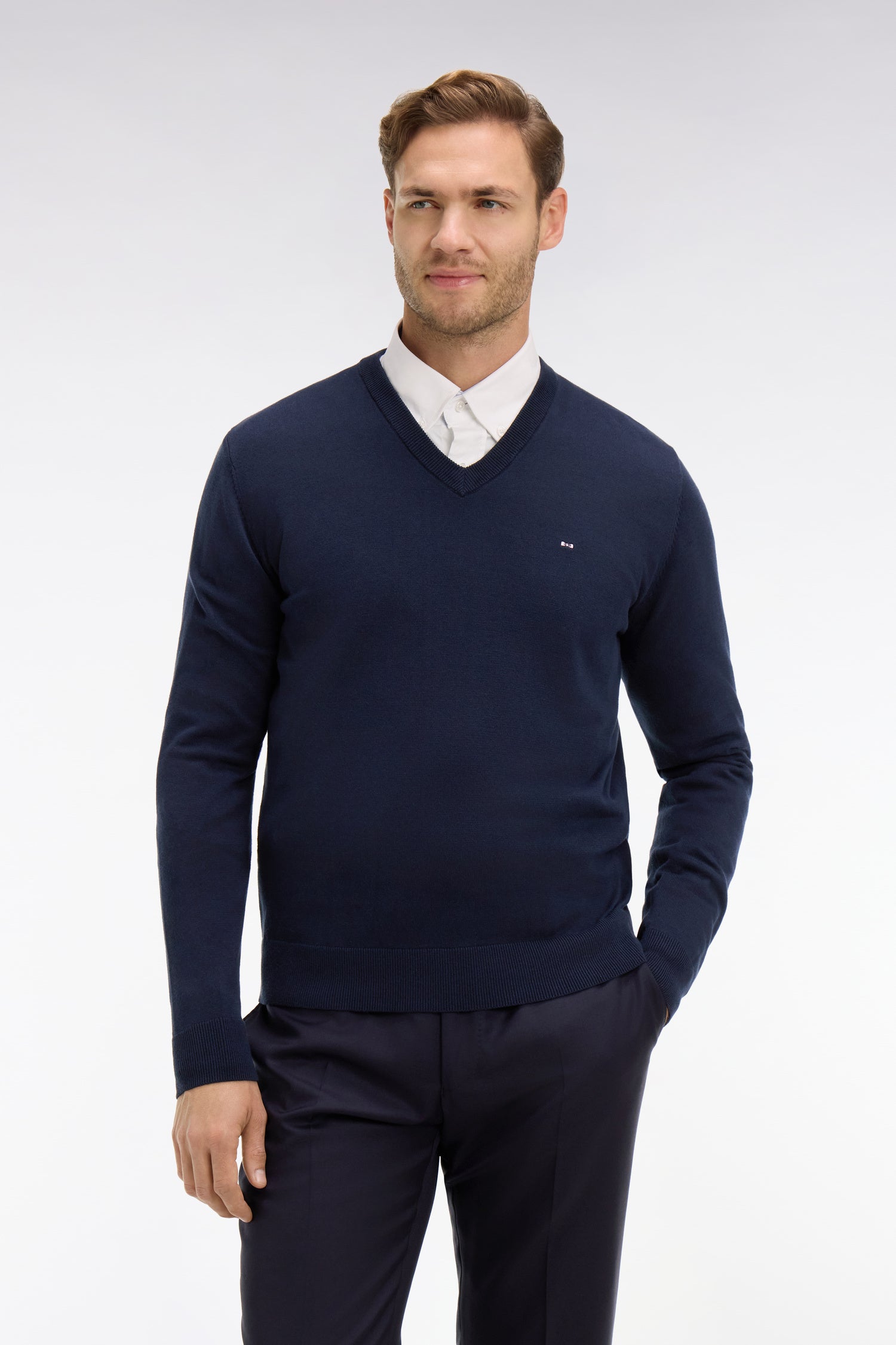 Pullover Marineblau mit V-Ausschnitt aus Baumwolle